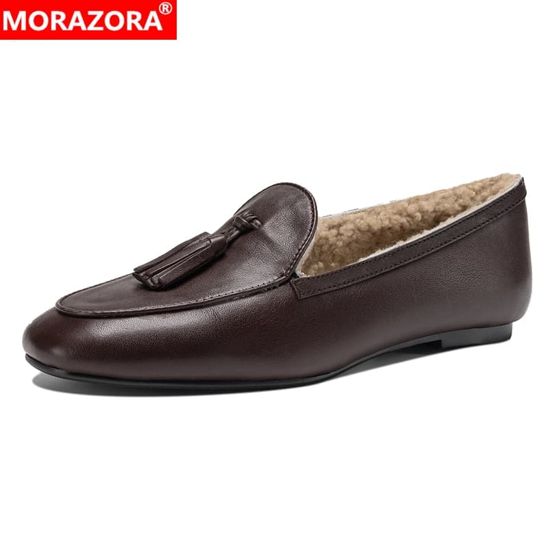 MORAZORA Plus Size 34-42 New Genuine Leather Shoes Flats Women Loafers Tassel Slip On Flat Shoes Thick Fur Warm Winter Shoes
