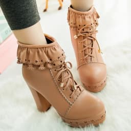 Autumn Winter Women's Ankle Boots Platform White Black Pink Sweet Short Boot Lace up Footwear Lolitas Shoes Girls Big Size 45