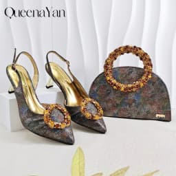 Queena Yan Multicolor Glitter Slingback Pointed Pumps Rhinestone Ring Handle Evening Clutch Matching Bag Set For Women Wedding