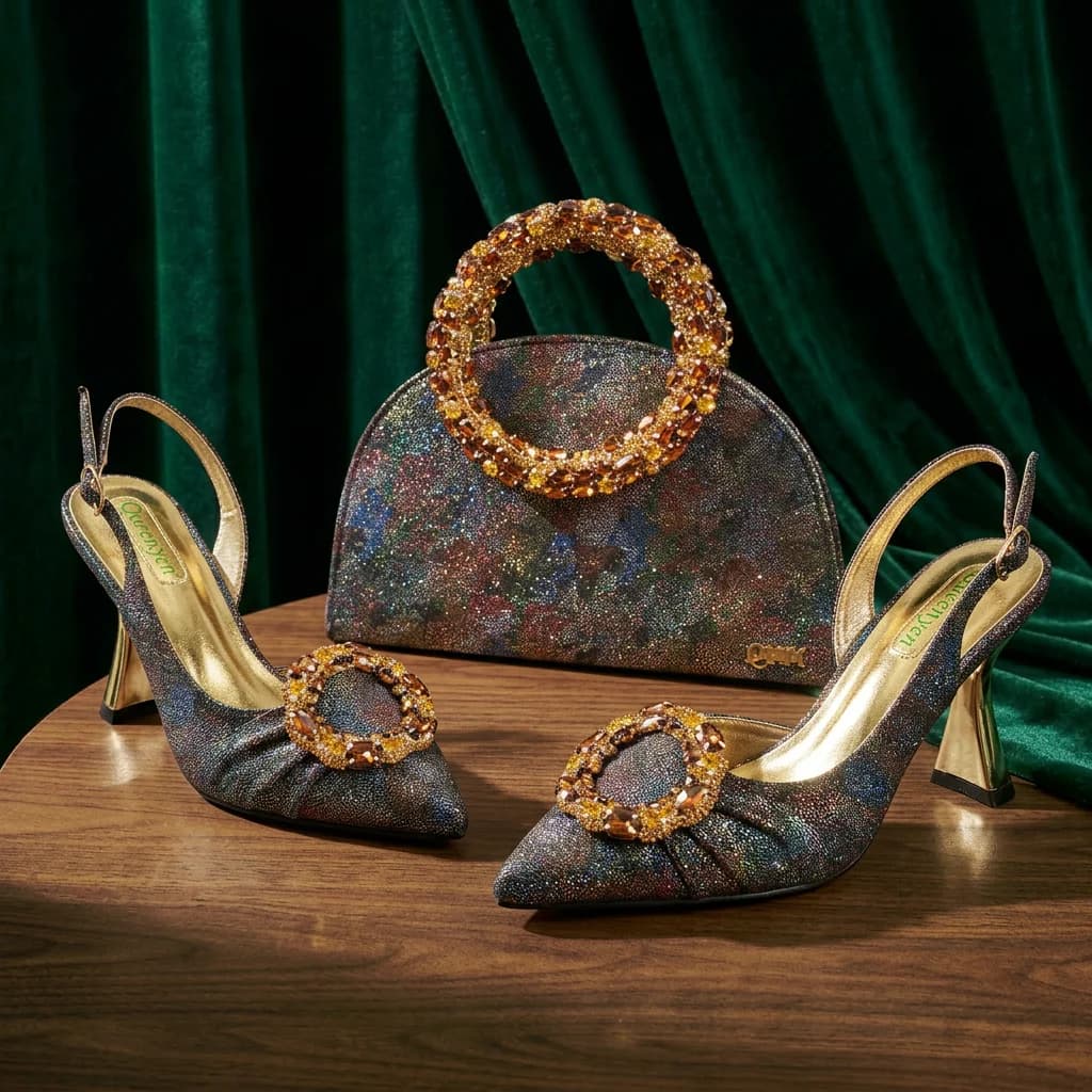 Queena Yan Multicolor Glitter Slingback Pointed Pumps Rhinestone Ring Handle Evening Clutch Matching Bag Set For Women Wedding