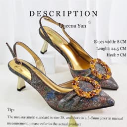 Queena Yan Multicolor Glitter Slingback Pointed Pumps Rhinestone Ring Handle Evening Clutch Matching Bag Set For Women Wedding