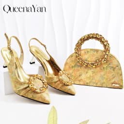 Queena Yan Multicolor Glitter Slingback Pointed Pumps Rhinestone Ring Handle Evening Clutch Matching Bag Set For Women Wedding