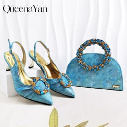 Queena Yan Multicolor Glitter Slingback Pointed Pumps Rhinestone Ring Handle Evening Clutch Matching Bag Set For Women Wedding