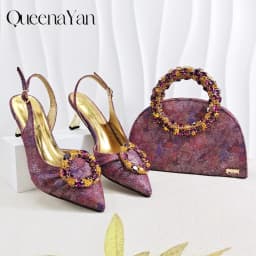 Queena Yan Multicolor Glitter Slingback Pointed Pumps Rhinestone Ring Handle Evening Clutch Matching Bag Set For Women Wedding