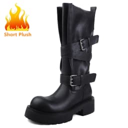 Aucegi Genuine Leather Platform Block Heels Women Belt Buckle Slip-On Knee High Boots Round Toe Fashion Modern Commuter Shoes
