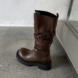 Aucegi Genuine Leather Platform Block Heels Women Belt Buckle Slip-On Knee High Boots Round Toe Fashion Modern Commuter Shoes