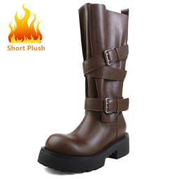 Aucegi Genuine Leather Platform Block Heels Women Belt Buckle Slip-On Knee High Boots Round Toe Fashion Modern Commuter Shoes