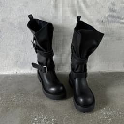 Aucegi Genuine Leather Platform Block Heels Women Belt Buckle Slip-On Knee High Boots Round Toe Fashion Modern Commuter Shoes