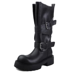 Aucegi Genuine Leather Platform Block Heels Women Belt Buckle Slip-On Knee High Boots Round Toe Fashion Modern Commuter Shoes
