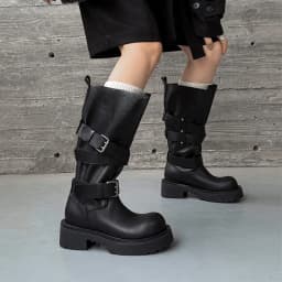 Aucegi Genuine Leather Platform Block Heels Women Belt Buckle Slip-On Knee High Boots Round Toe Fashion Modern Commuter Shoes