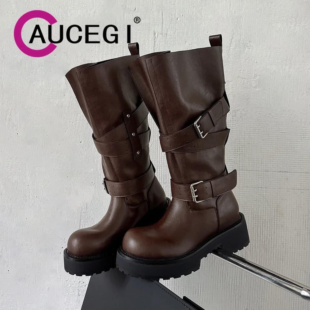 Aucegi Genuine Leather Platform Block Heels Women Belt Buckle Slip-On Knee High Boots Round Toe Fashion Modern Commuter Shoes