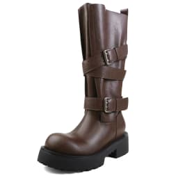 Aucegi Genuine Leather Platform Block Heels Women Belt Buckle Slip-On Knee High Boots Round Toe Fashion Modern Commuter Shoes