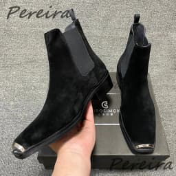 Men's Suede Leather Metal Toe Chelsea Boots British Retro Solid Color Med Heel Ankle Boots Autumn Winter New Cowhide Male Shoes