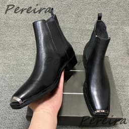 Men's Suede Leather Metal Toe Chelsea Boots British Retro Solid Color Med Heel Ankle Boots Autumn Winter New Cowhide Male Shoes