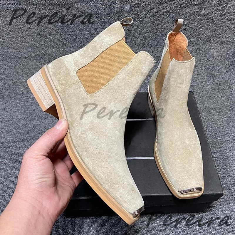 Men's Suede Leather Metal Toe Chelsea Boots British Retro Solid Color Med Heel Ankle Boots Autumn Winter New Cowhide Male Shoes