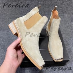 Men's Suede Leather Metal Toe Chelsea Boots British Retro Solid Color Med Heel Ankle Boots Autumn Winter New Cowhide Male Shoes
