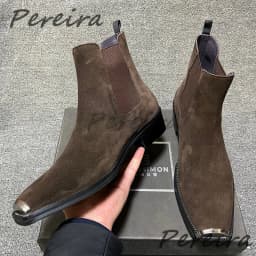 Men's Suede Leather Metal Toe Chelsea Boots British Retro Solid Color Med Heel Ankle Boots Autumn Winter New Cowhide Male Shoes