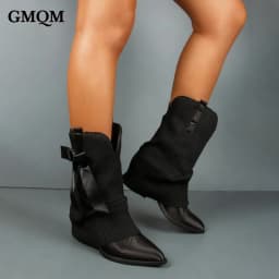GMQM 2025 New Western Ankle Boots Bows For Women Fold Over Cowgirl Satin Booties Pointed Toe Cowboy Booties Pull On Chunky Heel