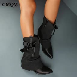 GMQM 2025 New Western Ankle Boots Bows For Women Fold Over Cowgirl Satin Booties Pointed Toe Cowboy Booties Pull On Chunky Heel