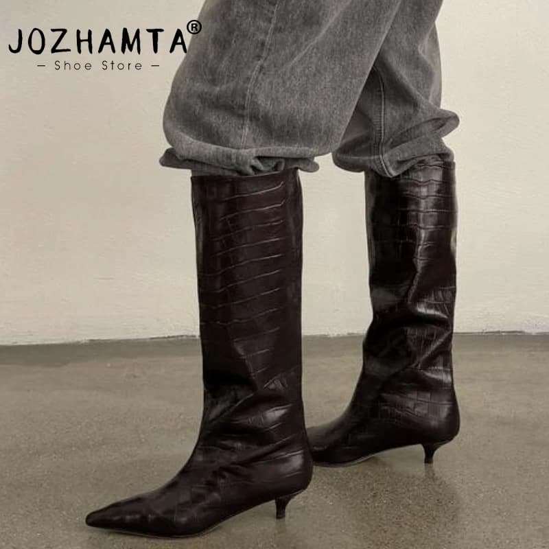 JOZHAMTA Size 34-40 Women Real Leather Mid Heels Long Boots Fashion Shoes For Autumn Knee Boots Office Lady Daily Winter Shoes