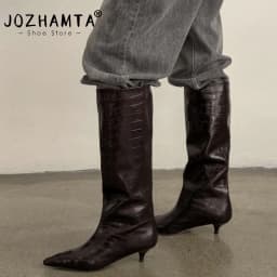 JOZHAMTA Size 34-40 Women Real Leather Mid Heels Long Boots Fashion Shoes For Autumn Knee Boots Office Lady Daily Winter Shoes