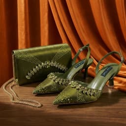 2026 Italian Inspired Olive Rhinestone HAND CRAFTED UPPER Pointed Toe Women High Heels Shoes and Bag Set Elegant Party Shoes