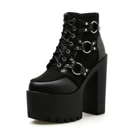Gdgydh Spring Autumn Fashion Motorcycle Boots Women Platform Heels Casual Shoes Lacing Round Toe Shoes Ladies Autumn Boots Black