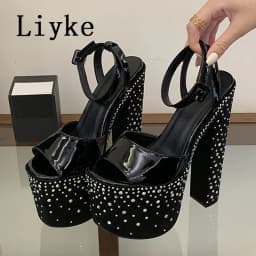 Liyke Fashion Crystal Rhinestone Thick High Heels Chunky Platform Sandals Women Open Toe Wedding Banquet Shoes Zapatos De Mujer