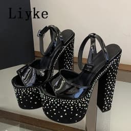 Liyke Fashion Crystal Rhinestone Thick High Heels Chunky Platform Sandals Women Open Toe Wedding Banquet Shoes Zapatos De Mujer