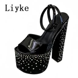 Liyke Fashion Crystal Rhinestone Thick High Heels Chunky Platform Sandals Women Open Toe Wedding Banquet Shoes Zapatos De Mujer