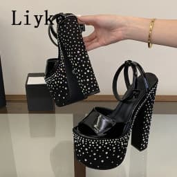 Liyke Fashion Crystal Rhinestone Thick High Heels Chunky Platform Sandals Women Open Toe Wedding Banquet Shoes Zapatos De Mujer