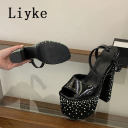 Liyke Fashion Crystal Rhinestone Thick High Heels Chunky Platform Sandals Women Open Toe Wedding Banquet Shoes Zapatos De Mujer