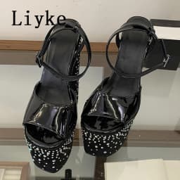 Liyke Fashion Crystal Rhinestone Thick High Heels Chunky Platform Sandals Women Open Toe Wedding Banquet Shoes Zapatos De Mujer