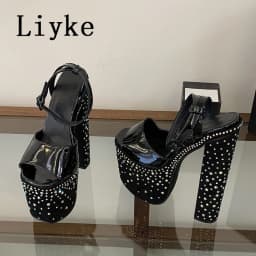 Liyke Fashion Crystal Rhinestone Thick High Heels Chunky Platform Sandals Women Open Toe Wedding Banquet Shoes Zapatos De Mujer