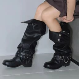 Eilyken Punk Style Foldable Snap‑Button Belt Straps Women Knee-High Boots Fashion Slouchy Wide Calf Pipe Booties Shoes
