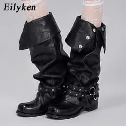 Eilyken Punk Style Foldable Snap‑Button Belt Straps Women Knee-High Boots Fashion Slouchy Wide Calf Pipe Booties Shoes