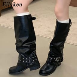 Eilyken Punk Style Foldable Snap‑Button Belt Straps Women Knee-High Boots Fashion Slouchy Wide Calf Pipe Booties Shoes