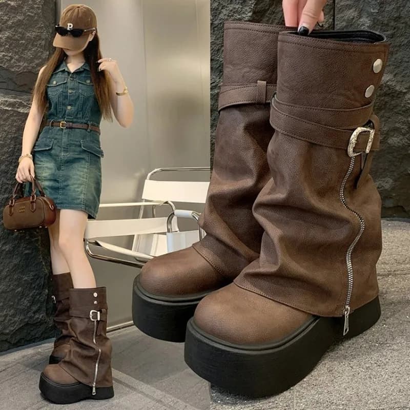 2026Women's Autumn and Winter Fashion Side Zipper Design Knight Boots, Multi-functional Retro Platform Boots, Suitable for Women