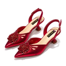 Women Satin Pointed Pumps Red Rhinestone Gem Bridal Heels & Bag Set Elegant For Wedding Party Evening Formal Occasions Ladies