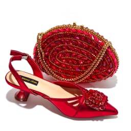 Women Satin Pointed Pumps Red Rhinestone Gem Bridal Heels & Bag Set Elegant For Wedding Party Evening Formal Occasions Ladies