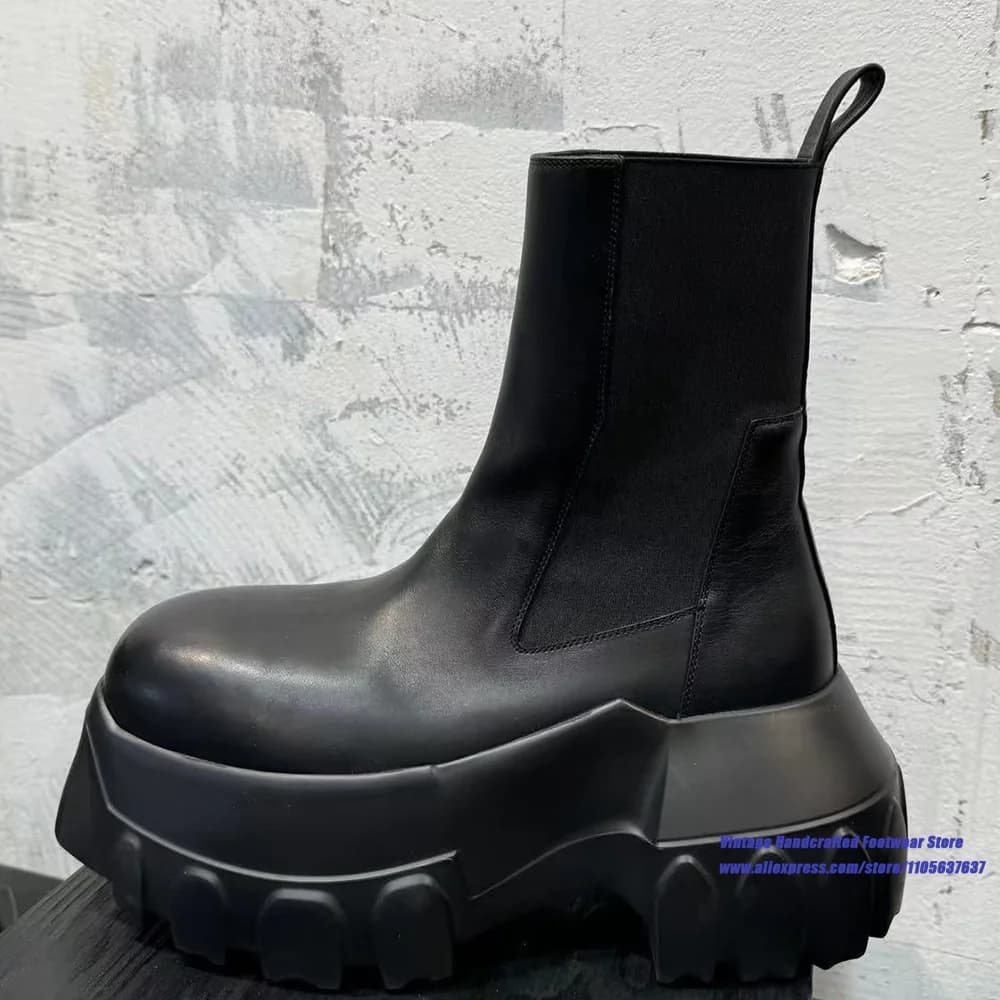 Black Chunky Platform Chelsea Boots Round Toe Elastic Band Slip On Gothic Thick Sole Ankle Booties Luxury Designer Men's Boots