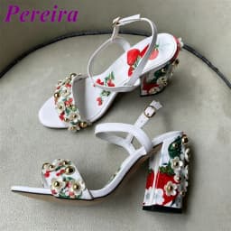 Light Blue Strawberry Print Heeled Sandals Shallow Open Toe Floral Heel Heels Women One Stap Blossom Summer Tourism Outer Shoes