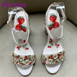 Light Blue Strawberry Print Heeled Sandals Shallow Open Toe Floral Heel Heels Women One Stap Blossom Summer Tourism Outer Shoes