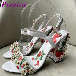 Light Blue Strawberry Print Heeled Sandals Shallow Open Toe Floral Heel Heels Women One Stap Blossom Summer Tourism Outer Shoes