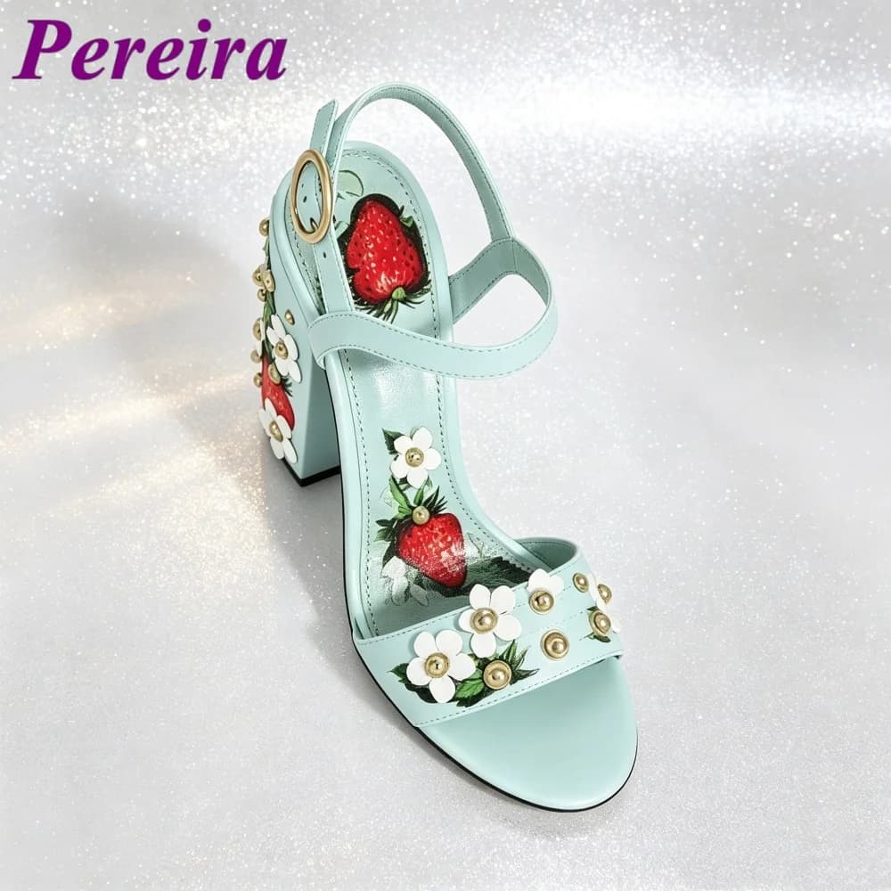 Light Blue Strawberry Print Heeled Sandals Shallow Open Toe Floral Heel Heels Women One Stap Blossom Summer Tourism Outer Shoes