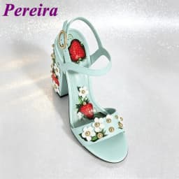 Light Blue Strawberry Print Heeled Sandals Shallow Open Toe Floral Heel Heels Women One Stap Blossom Summer Tourism Outer Shoes