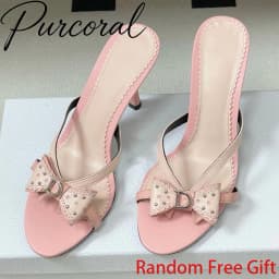 2026 New Sweet Pink Bow Rivet High Heels Women Elegant Thin Strap Stiletto Slippers Fashion Open Toe Slide Sandals Ladies Shoes