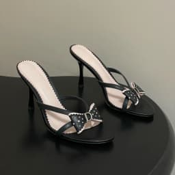 2026 New Sweet Pink Bow Rivet High Heels Women Elegant Thin Strap Stiletto Slippers Fashion Open Toe Slide Sandals Ladies Shoes