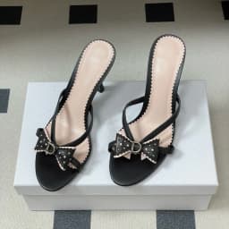 2026 New Sweet Pink Bow Rivet High Heels Women Elegant Thin Strap Stiletto Slippers Fashion Open Toe Slide Sandals Ladies Shoes
