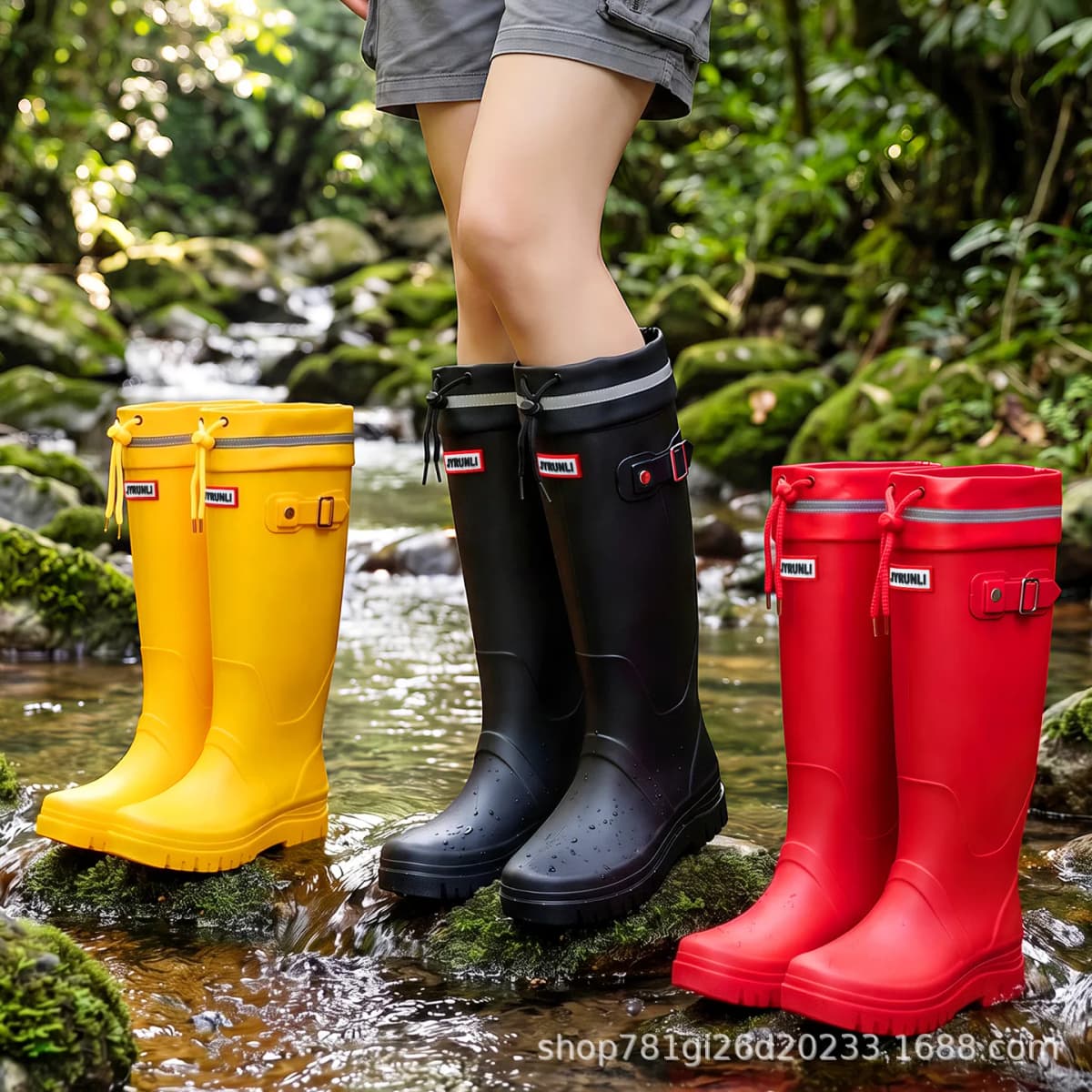 2026 Women's Fashion High-Top Rain Boots Adjustable Drawstring Buckle Non-Slip Waterproof Outdoor Hiking Canyoning Muck Shoes